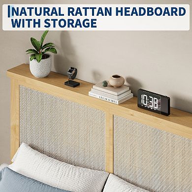 Bed Frame with Headboard Platform LED Lights No Box Spring Needed Easy Assembly