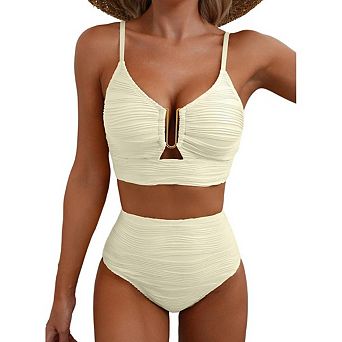 Women's U Shaped Cutout Bikini With High Waisted Textured Pleated Swimsuit