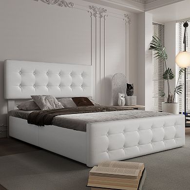 Bed Frame with 4 Storage Drawers & Adjustable Headboard,Upholstered Mattress Foundation with Support