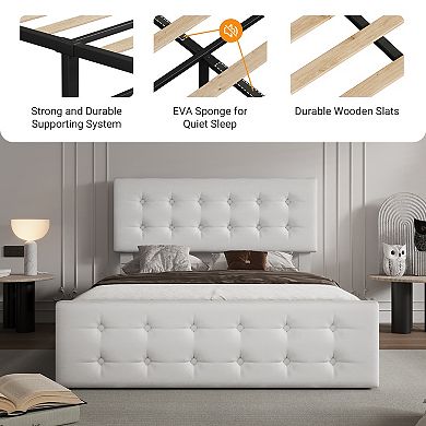 Bed Frame with 4 Storage Drawers & Adjustable Headboard,Upholstered Mattress Foundation with Support