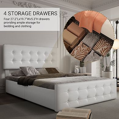Bed Frame with 4 Storage Drawers & Adjustable Headboard,Upholstered Mattress Foundation with Support