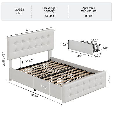 Bed Frame with 4 Storage Drawers & Adjustable Headboard,Upholstered Mattress Foundation with Support