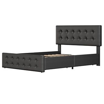 Bed Frame with 4 Storage Drawers & Adjustable Headboard,Upholstered Mattress Foundation with Support