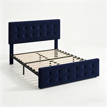 Bed Frame with 4 Storage Drawers & Adjustable Headboard,Upholstered Mattress Foundation with Support
