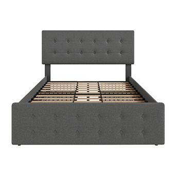 Bed Frame with 4 Storage Drawers & Adjustable Headboard,Upholstered Mattress Foundation with Support