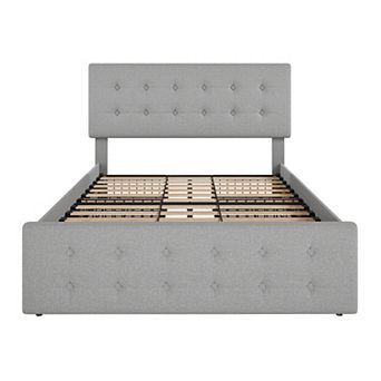 Bed Frame with 4 Storage Drawers & Adjustable Headboard,Upholstered Mattress Foundation with Support