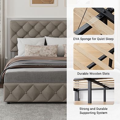 Bed Frame with 4 Storage Drawers & Headboard,Upholstered Platform Bed Frame with Wooden Slat Support