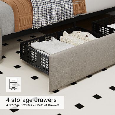 Bed Frame with 4 Storage Drawers & Headboard,Upholstered Platform Bed Frame with Wooden Slat Support