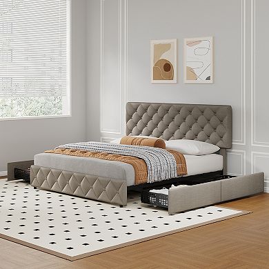 Bed Frame with 4 Storage Drawers & Headboard,Upholstered Platform Bed Frame with Wooden Slat Support