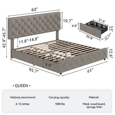 Bed Frame with 4 Storage Drawers & Headboard,Upholstered Platform Bed Frame with Wooden Slat Support
