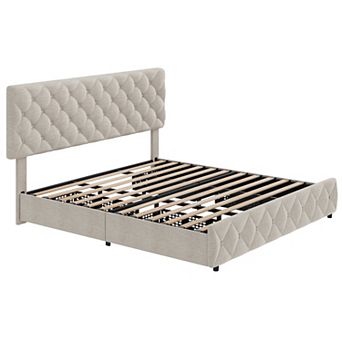 Bed Frame with 4 Storage Drawers & Headboard,Upholstered Platform Bed Frame with Wooden Slat Support