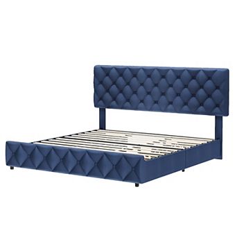 Bed Frame with 4 Storage Drawers & Headboard,Upholstered Platform Bed Frame with Wooden Slat Support