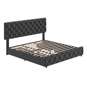 Bed Frame with 4 Storage Drawers & Headboard,Upholstered Platform Bed Frame with Wooden Slat Support