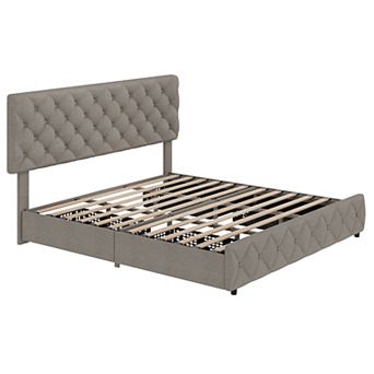 Bed Frame with 4 Storage Drawers & Headboard,Upholstered Platform Bed Frame with Wooden Slat Support
