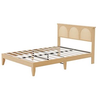 Bed Frame with Natural Rattan Headboard,Platform Bed Frame with LED Lights and Rattan Headboard