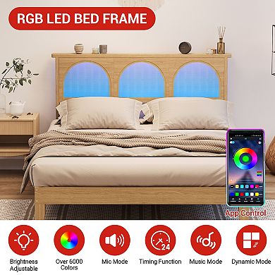 Bed Frame with Natural Rattan Headboard,Platform Bed Frame with LED Lights and Rattan Headboard