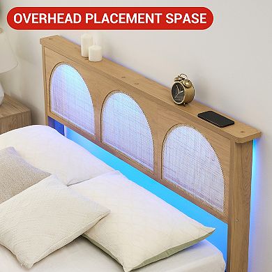 Bed Frame with Natural Rattan Headboard,Platform Bed Frame with LED Lights and Rattan Headboard