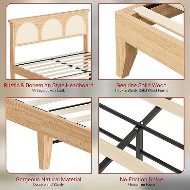 Bed Frame with Natural Rattan Headboard,Platform Bed Frame with LED Lights and Rattan Headboard