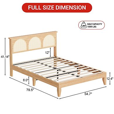 Bed Frame with Natural Rattan Headboard,Platform Bed Frame with LED Lights and Rattan Headboard