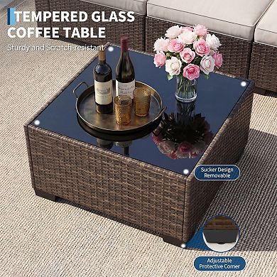 7 pc Outdoor Patio Sectional Sofa Set, Wicker Furniture with Thick Cushions & Tempered Table Bakcony