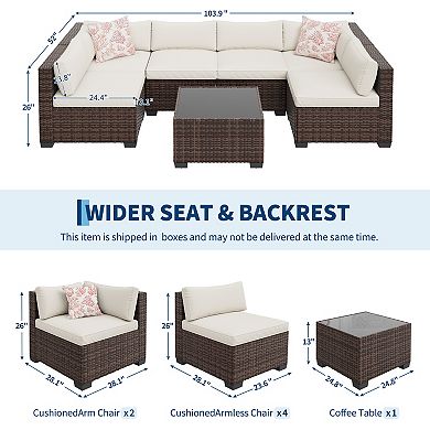 7 pc Outdoor Patio Sectional Sofa Set, Wicker Furniture with Thick Cushions & Tempered Table Bakcony