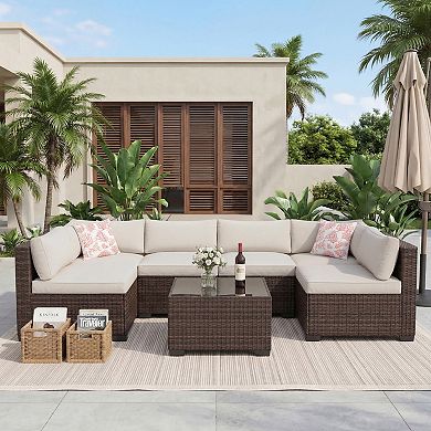 7 pc Outdoor Patio Sectional Sofa Set, Wicker Furniture with Thick Cushions & Tempered Table Bakcony