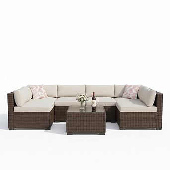 7 pc Outdoor Patio Sectional Sofa Set, Wicker Furniture with Thick Cushions & Tempered Table Bakcony