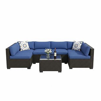 7 pc Outdoor Patio Sectional Sofa Set, Wicker Furniture with Thick Cushions & Tempered Table Bakcony