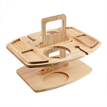 Portable Wooden Picnic Table with Wine Glass Holder, 2 tier Outdoor Snack Tray for Beach & Park