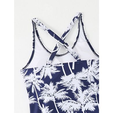Women's Two Piece Tankini Bathing Suit, Palm Print Racerback Tank Top with Boyshorts