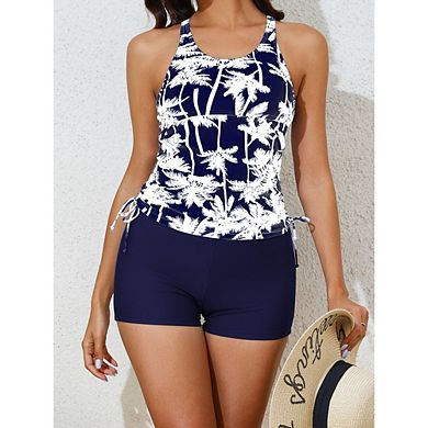 Women's Two Piece Tankini Bathing Suit, Palm Print Racerback Tank Top with Boyshorts