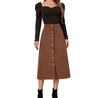 Women's High Waist Corduroy Button Front Midi Skirt Summer Casual A Line Short Boho Skirt