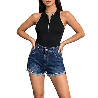 Women’s Casual High Waist Denim Shorts Frayed Rolled Hem Jean Shorts Soft Stretchy Summer Shorts