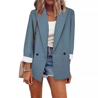 Womens Solid Color Open Front Blazer Long Sleeve Office Jacket Work Cardigan with Pockets