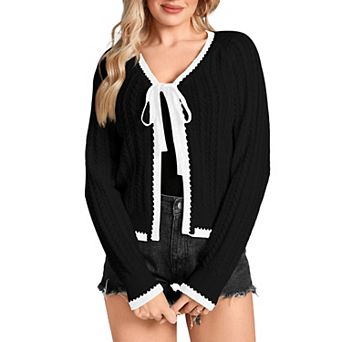 Women Lightweight Cardigan Long Sleeve Tie Front Knit Sweater