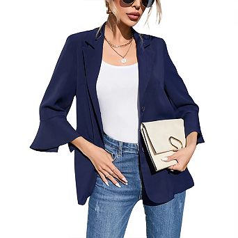 Women's 3/4 Sleeve Blazers Lightweight Slim Fit Jackets with Padded Shoulder for Business Casual