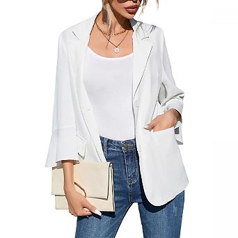 Women's 3/4 Sleeve Blazers Lightweight Slim Fit Jackets with Padded Shoulder for Business Casual
