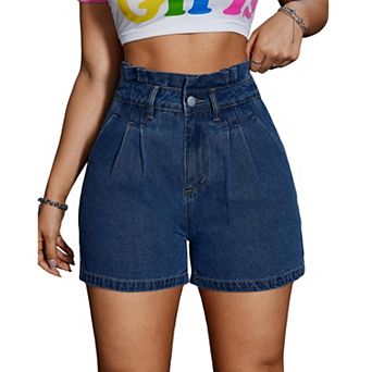 Women's Casual Plus Size Denim Shorts, High Waist Ruffled Waist Pleated Loose Fit Jean Shorts