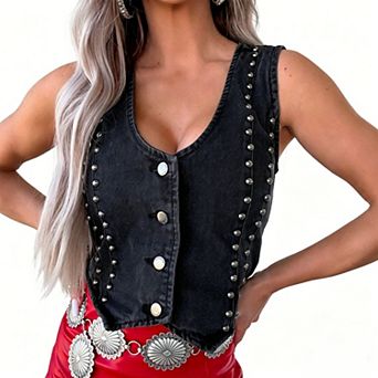Women's Casual Denim Vest, V Neck Sleeveless Studded Cropped Button Down Layering Vest