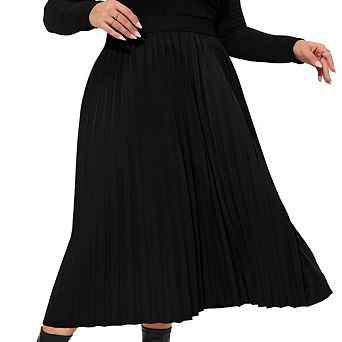 Plus Size Women's Pleated a-Line Midi Skirt Elastic High Waist Swing Boho Knee Length Skirt