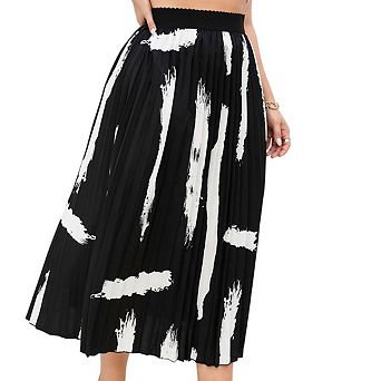 Plus Size Women's Pleated a-Line Midi Skirt Elastic High Waist Swing Boho Knee Length Skirt