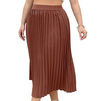 Plus Size Women's Pleated a-Line Midi Skirt Elastic High Waist Swing Boho Knee Length Skirt