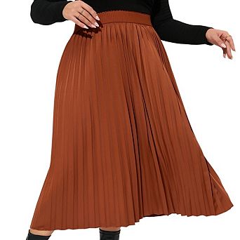 Plus Size Women's Pleated a-Line Midi Skirt Elastic High Waist Swing Boho Knee Length Skirt