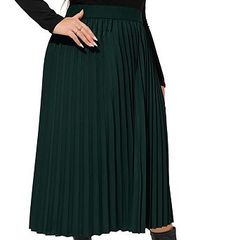 Plus Size Women's Pleated a-Line Midi Skirt Elastic High Waist Swing Boho Knee Length Skirt