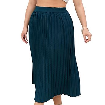 Plus Size Women's Pleated a-Line Midi Skirt Elastic High Waist Swing Boho Knee Length Skirt