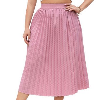 Plus Size Women's Pleated a-Line Midi Skirt Elastic High Waist Swing Boho Knee Length Skirt