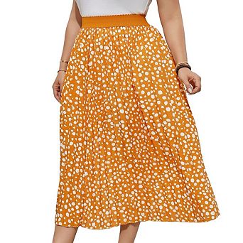 Plus Size Women's Pleated a-Line Midi Skirt Elastic High Waist Swing Boho Knee Length Skirt