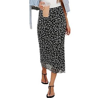 Women's Casual Floral Mesh Midi Skirt, High Waist Sheer Chiffon Bodycon Ruffle Hem Skirt