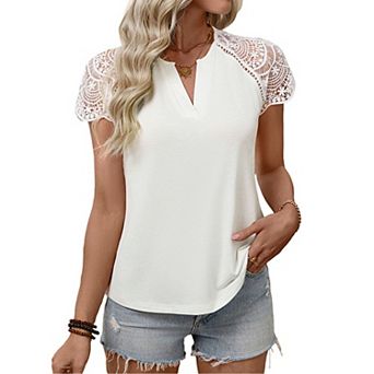 Women's Casual Lace Short Sleeve Top, Notch V Neck Relaxed Fit Knit Blouse