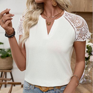 Women's Casual Lace Short Sleeve Top, Notch V Neck Relaxed Fit Knit Blouse